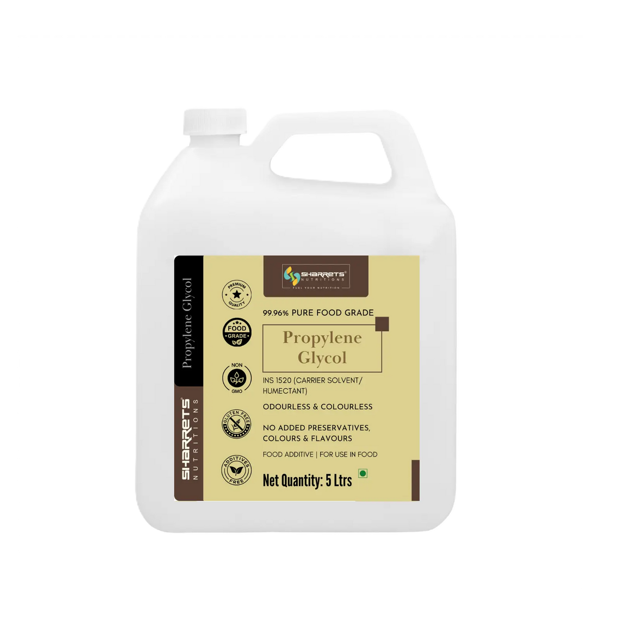 Sharrets Propylene Glycol 5 ltrs jerrycan front view, 99.96% pure food grade propylene glycol INS 1520, clear colourless liquid used as a carrier solvent and humectant in permitted food formulations, white bottle with gold and brown label.