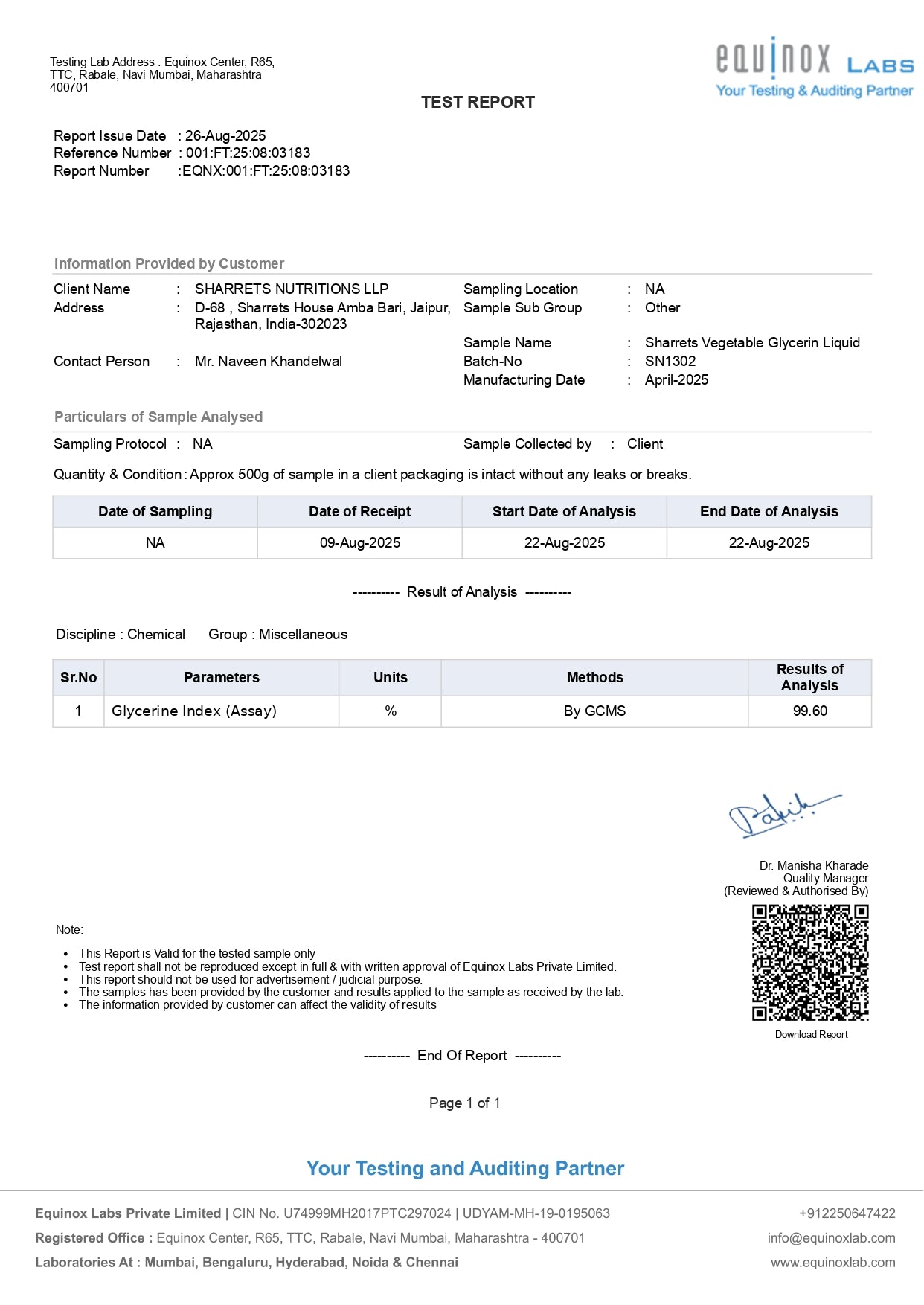 Pure vegetable glycerin assay purity test report showing glycerin percentage laboratory analysis