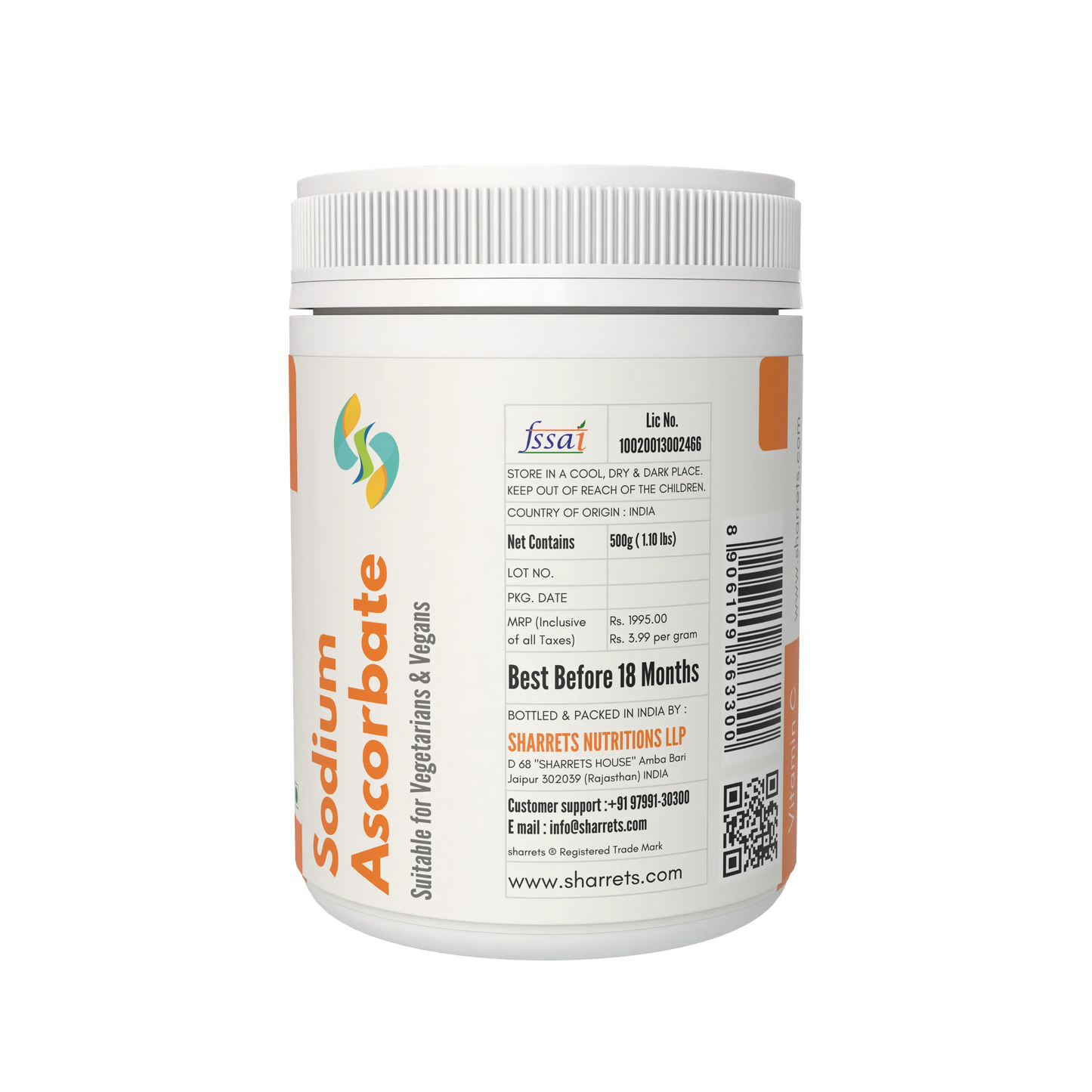 Container of Sodium Ascorbate with label and branding details on a white background