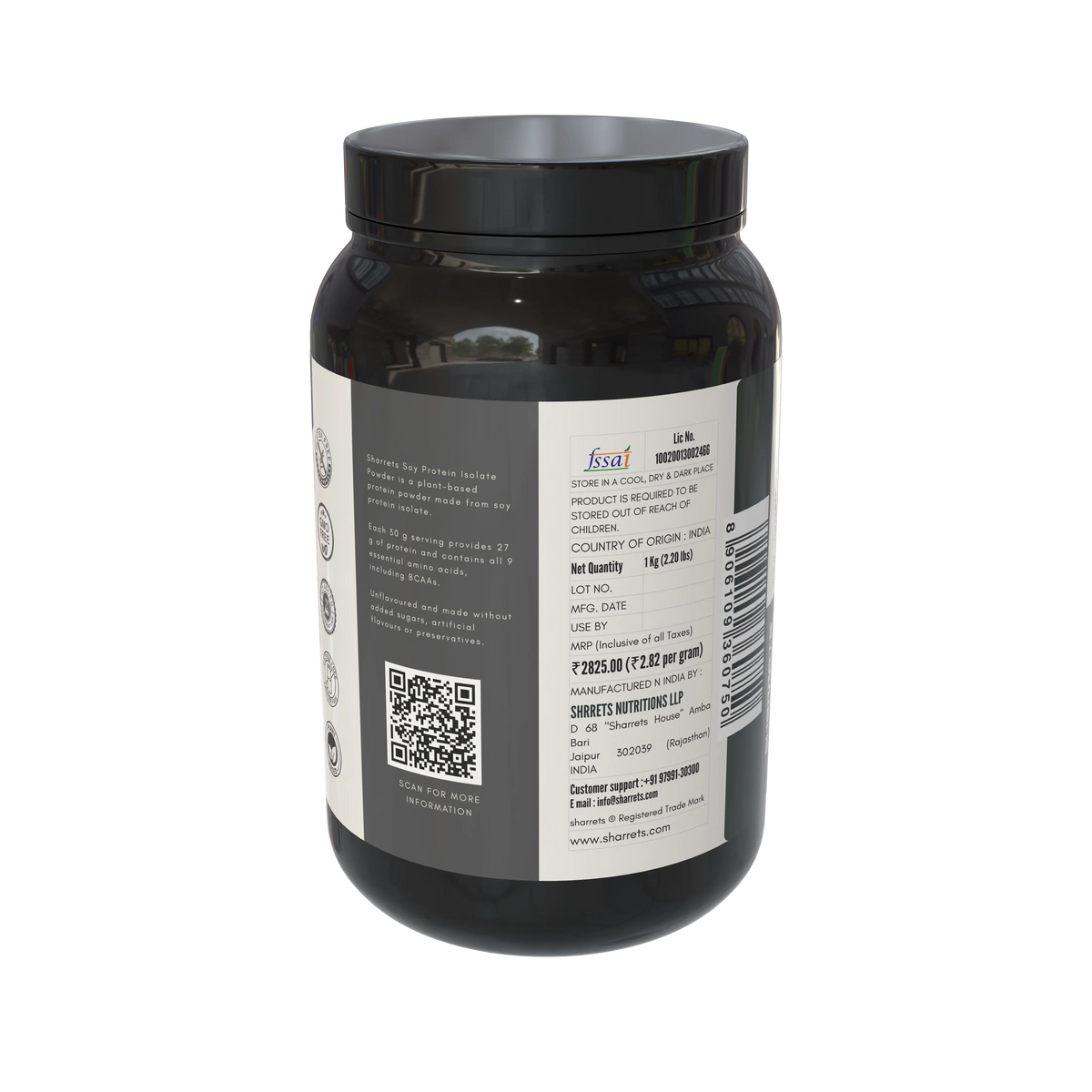 Sharrets Soy Protein Isolate Powder 1kg right-side pack showing product information, QR code and manufacturer details