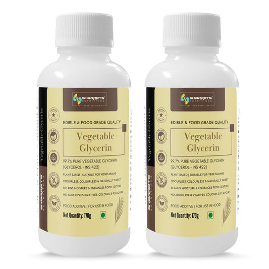 Sharrets Pure Vegetable Glycerin pack of 2, featuring two 170 g bottles of food-grade vegetable glycerin for suitable baking, confectionery and formulation uses.
