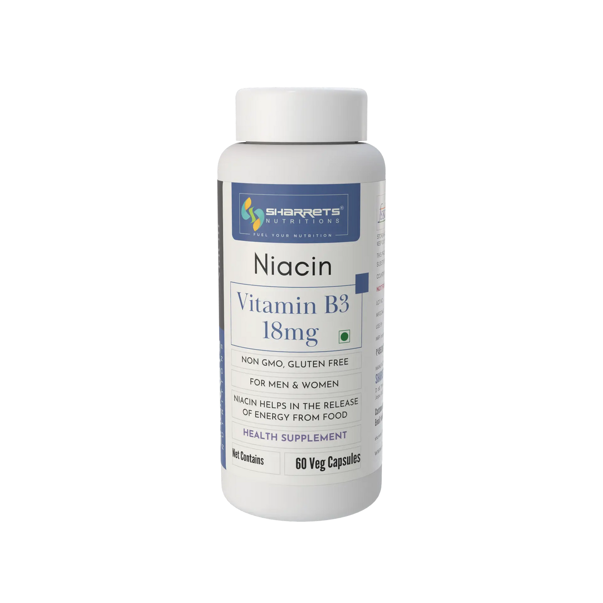 Sharrets Nutritions Niacin Vitamin B3 18 mg health supplement bottle, 60 veg capsules, front view.