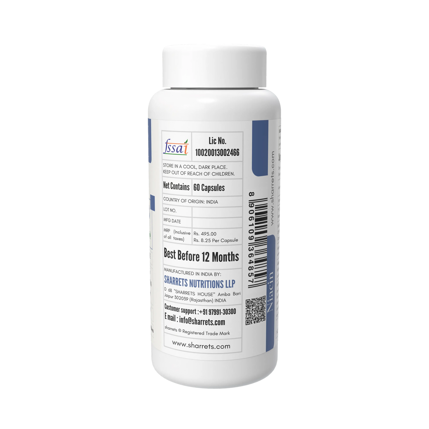 White supplement bottle with label on a white background