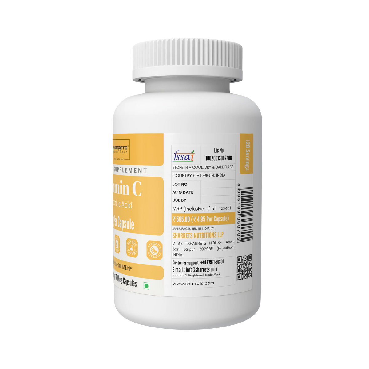 A white plastic bottle of Fssai Vitamin C supplement with a white and yellow label, shown from a three-quarter angle on a white background.