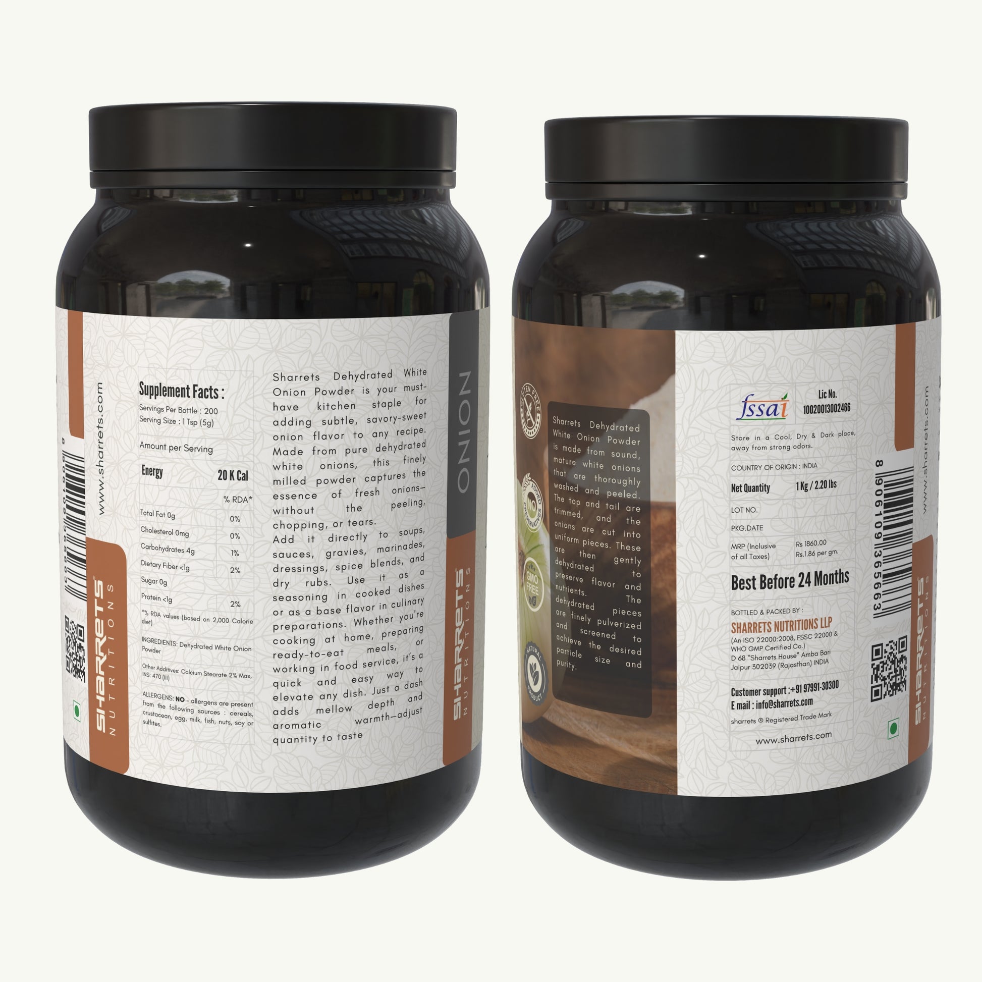 white onion powder 1kg - right and left images, sharrets nutritions
