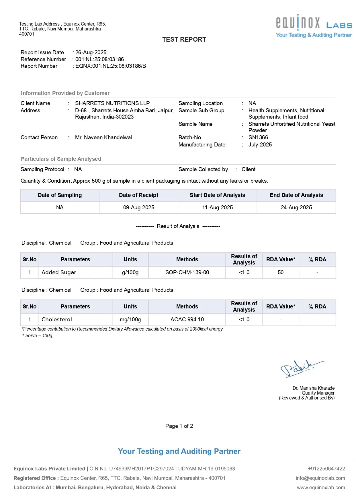 Certificate of analysis for Sharrets nutritional yeast powder showing laboratory test results and nutritional profile