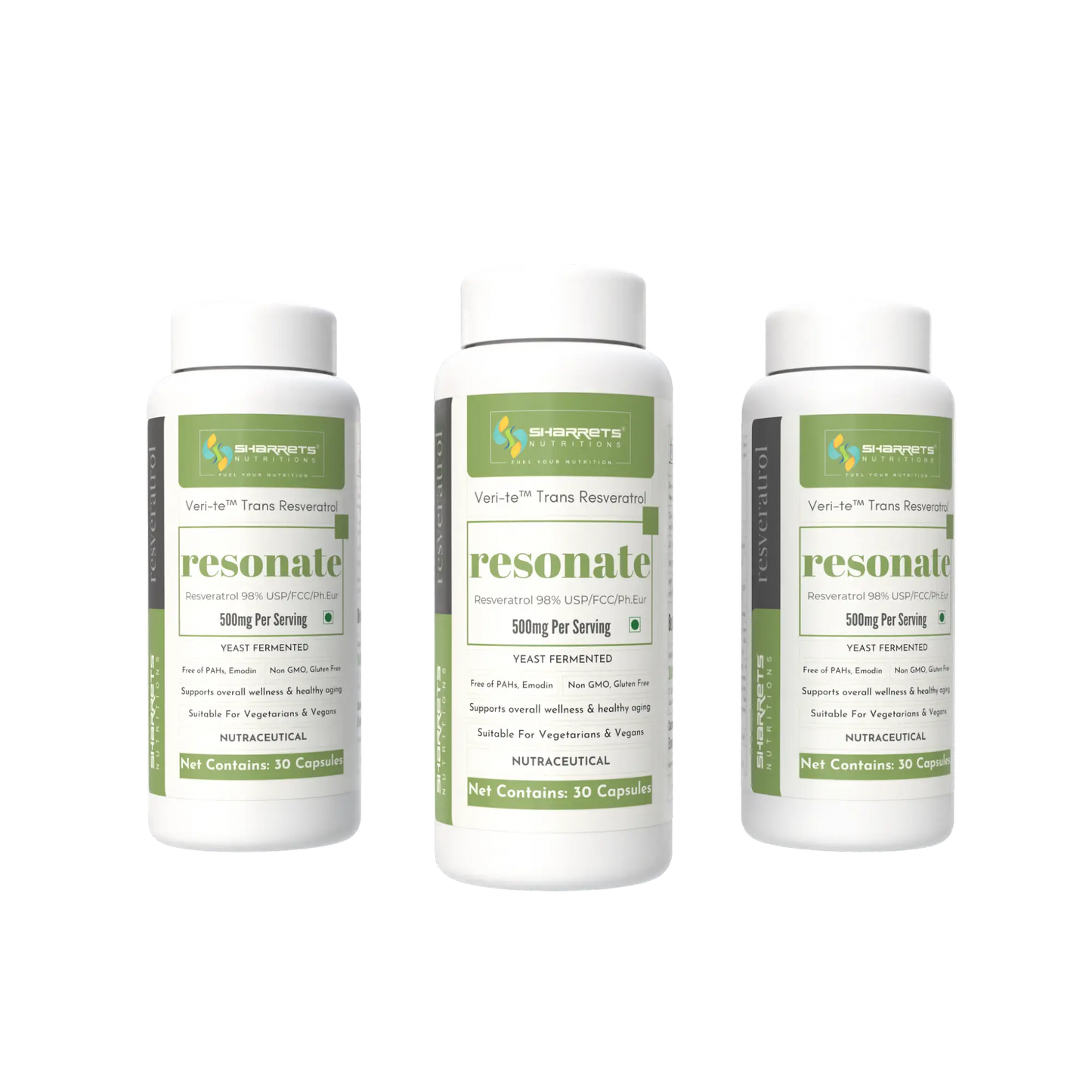 High strength resveratrol supplement 500mg – yeast fermented trans resveratrol 30 capsules for anti-aging, skin and heart health by Sharrets Nutritions India - 3 Bottles - Each contains 30 Capsules