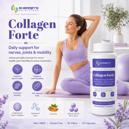 Woman in purple athletic wear sitting on a yoga mat with a bottle of Sharrets Nutritions Collagen Forte supplement.