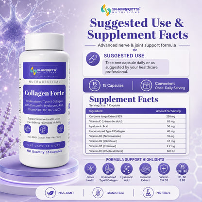 Collagen supplement bottle with label and supplement facts on a purple background