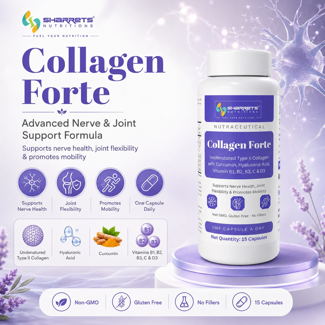 Collagen Forte supplement bottle with branding and product details on a purple background