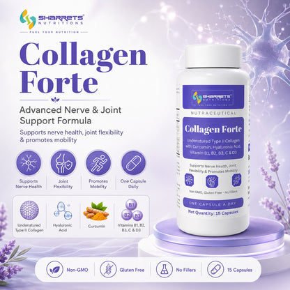 Collagen Forte supplement bottle with branding and product details on a purple background