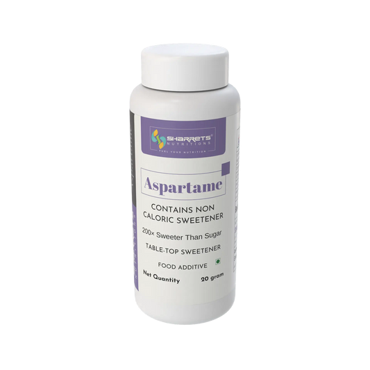 Bottle of aspartame sweetener with Sharrets Nutritions label on a white background