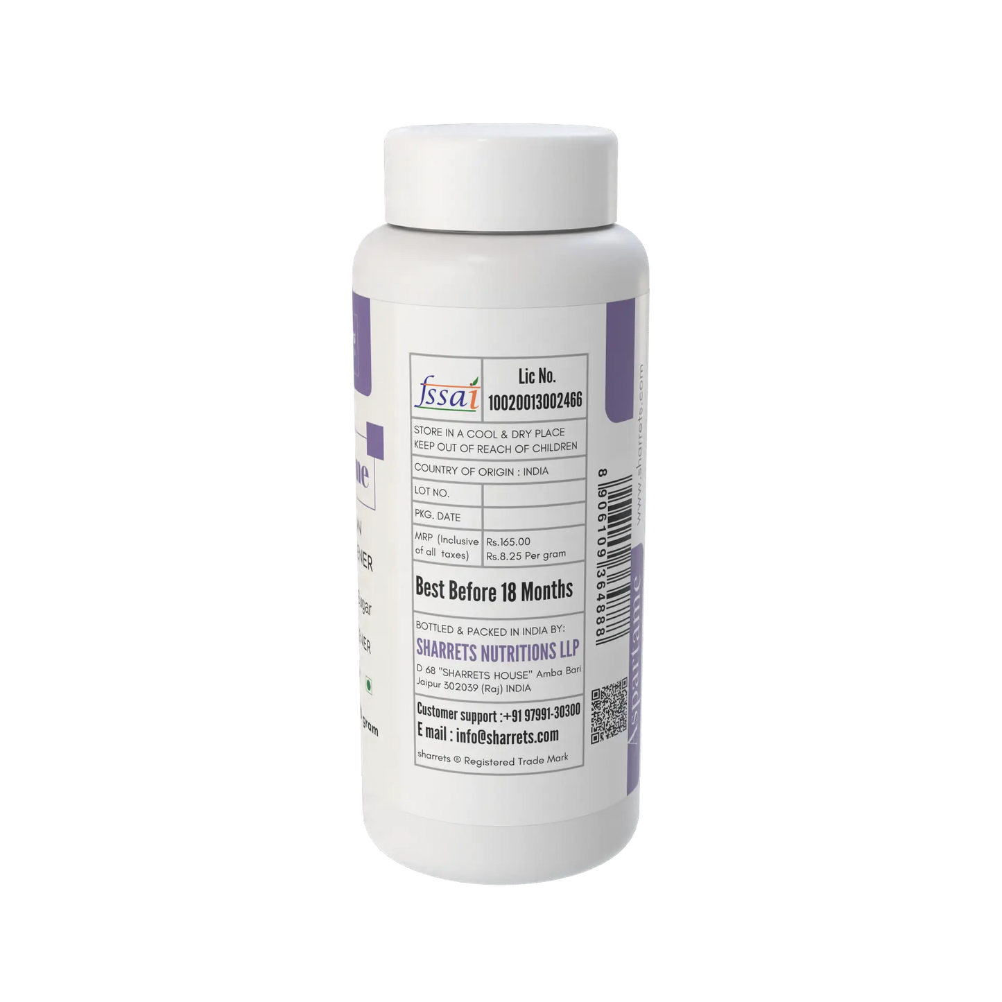 White supplement bottle with purple label on a white background