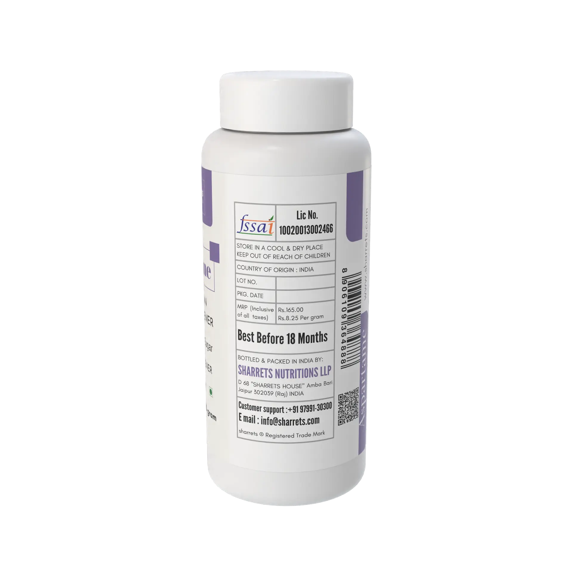 White supplement bottle with purple label on a white background