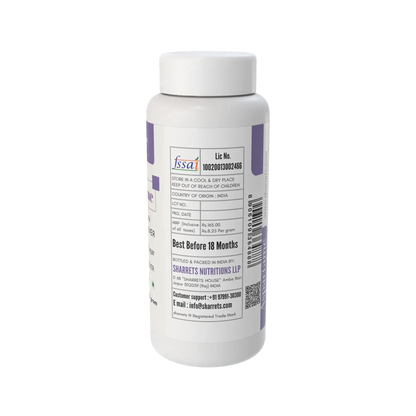 White supplement bottle with purple label on a white background