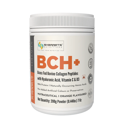 Sharrets BCH+ Grass Fed Bovine Collagen Peptides Orange Flavour with Hyaluronic Acid, Vitamin C and D3, 200g Collagen Powder