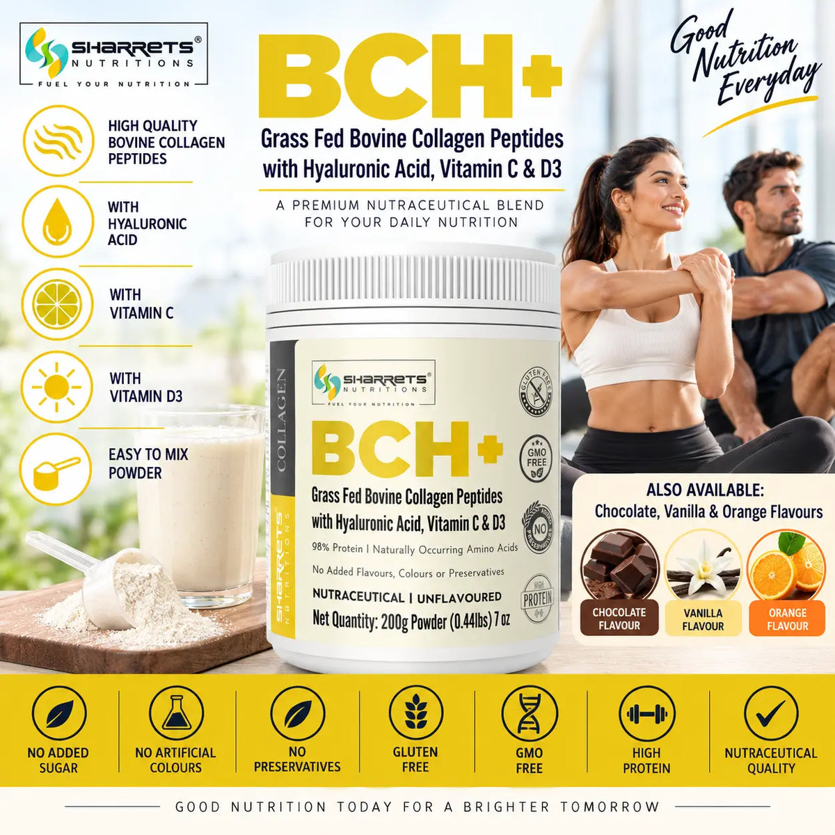 Sharrets BCH+ Grass Fed Bovine Collagen Peptides Unflavoured with Hyaluronic Acid, Vitamin C and D3, 200g Collagen Powder