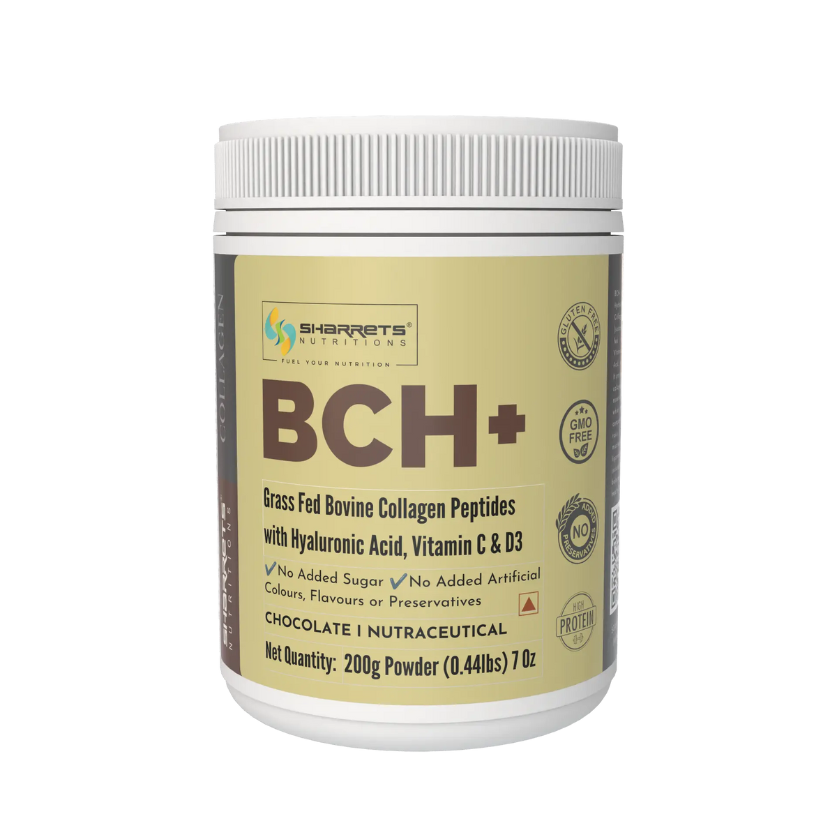 BCH+ Hydrolyzed Bovine Collagen Peptides Powder 200g – Grass Fed with Hyaluronic Acid, Vitamin C & D3- Chocolate