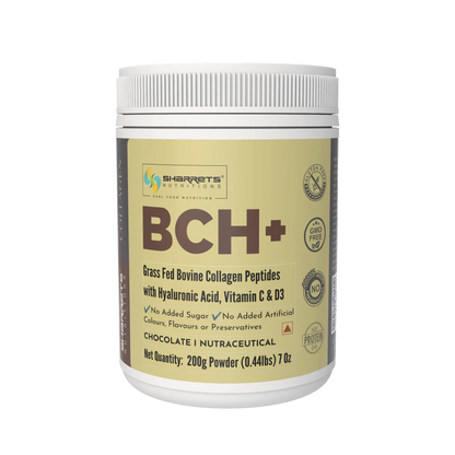 BCH+ Hydrolyzed Bovine Collagen Peptides Powder 200g – Grass Fed with Hyaluronic Acid, Vitamin C & D3- Chocolate