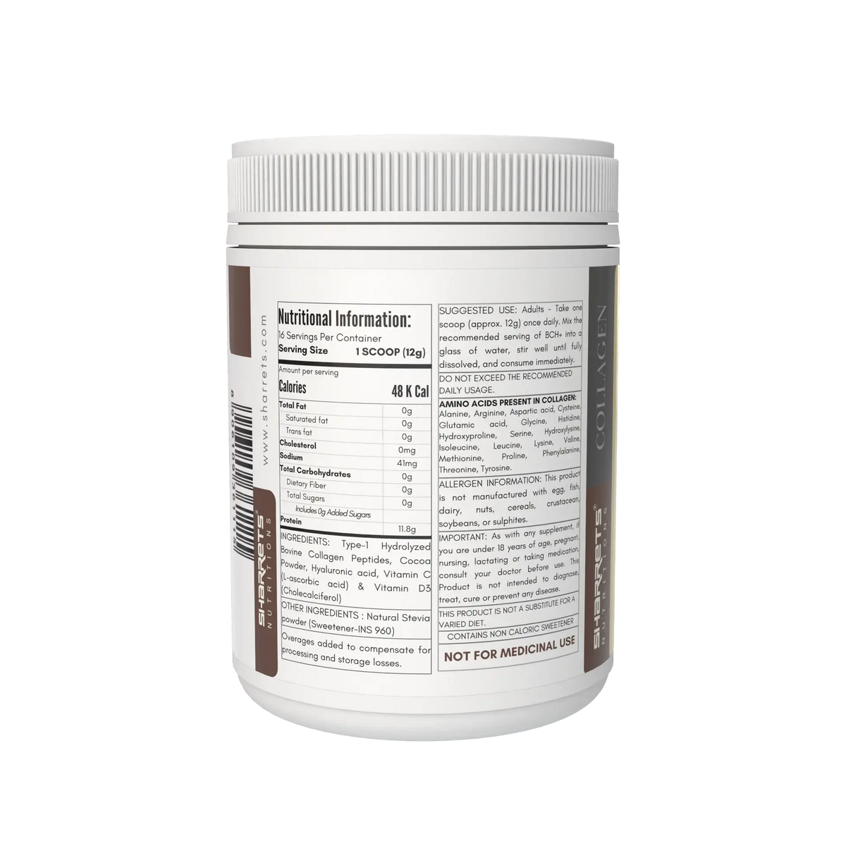 Sharrets Nutritions Chocolate flavoured  white plastic supplement tub shown from the back, displaying the detailed nutritional information panel, barcode, and text on a clean white background.