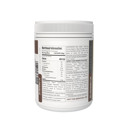 Sharrets Nutritions Chocolate flavoured  white plastic supplement tub shown from the back, displaying the detailed nutritional information panel, barcode, and text on a clean white background.