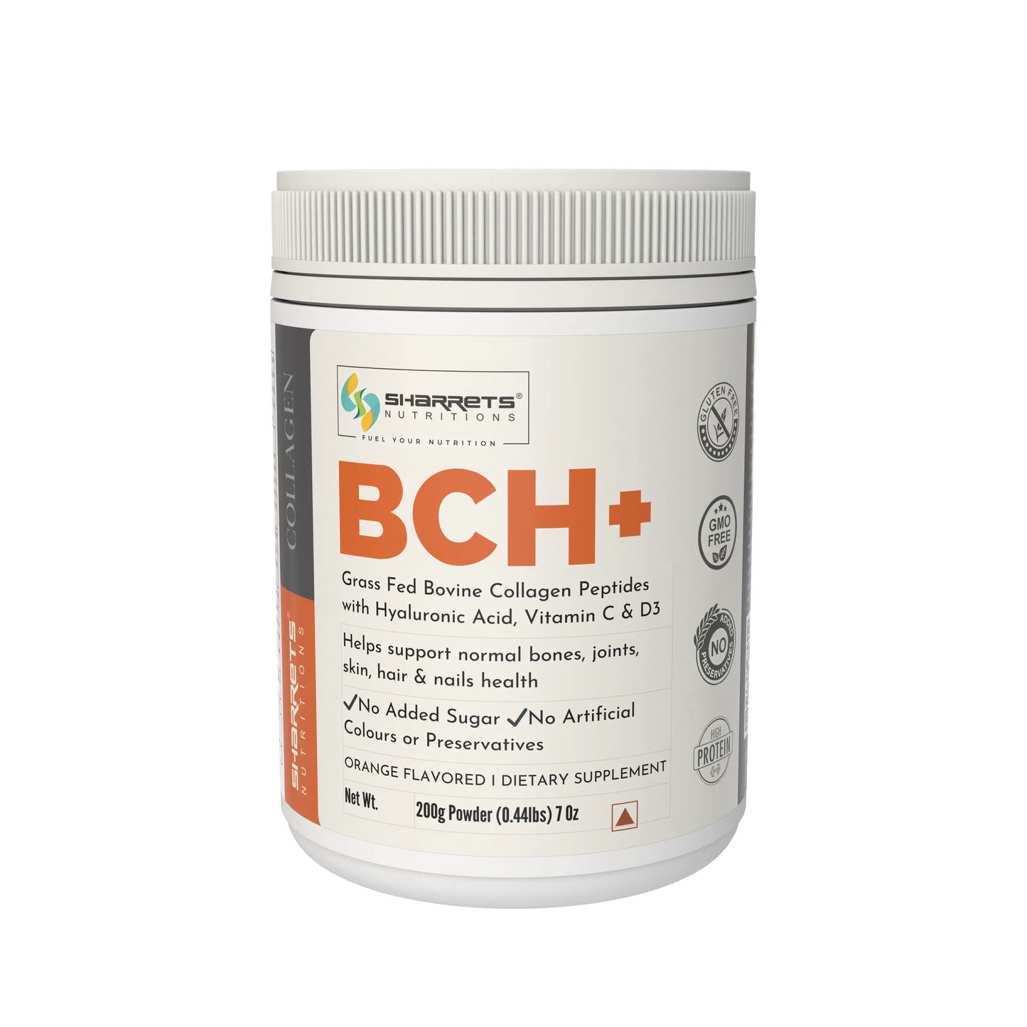 Supplement container labeled 'BCH+' with Sharrets Nutrition branding on a white background- Sharrets BCH+ Hydrolyzed Bovine Collagen Supplement. Enriched with Hyaluronic Acid, Vitamin C, and D3