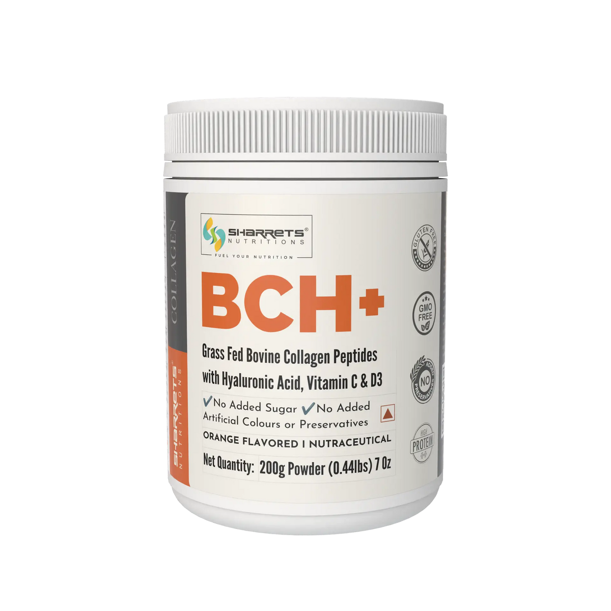 Sharrets Nutritions BCH+ Orange Flavored Grass Fed Bovine Collagen Peptides in a white plastic tub with a white screw cap, on a solid white background.