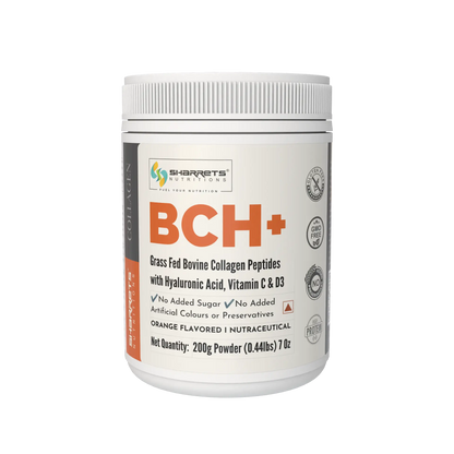 Sharrets Nutritions BCH+ Orange Flavored Grass Fed Bovine Collagen Peptides in a white plastic tub with a white screw cap, on a solid white background.