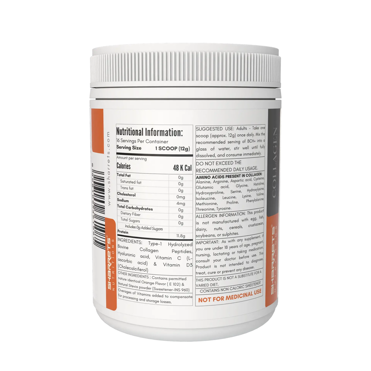 BCH+ Hydrolyzed Bovine Collagen Peptides Powder 200g – Grass Fed with Hyaluronic Acid, Vitamin C & D3- Orange lavoured - showing nutritional facts and ingredients 