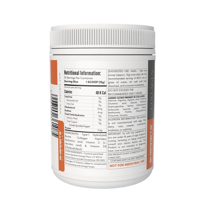 BCH+ Hydrolyzed Bovine Collagen Peptides Powder 200g – Grass Fed with Hyaluronic Acid, Vitamin C & D3- Orange lavoured - showing nutritional facts and ingredients 