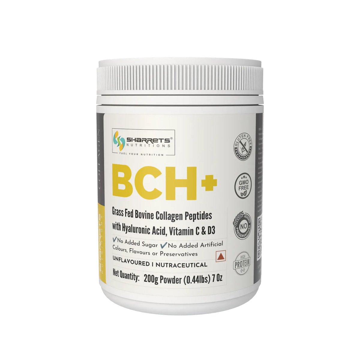 BCH+ Hydrolyzed Bovine Collagen Peptides Powder 200g – Grass Fed with Hyaluronic Acid, Vitamin C & D3- Unflavored
