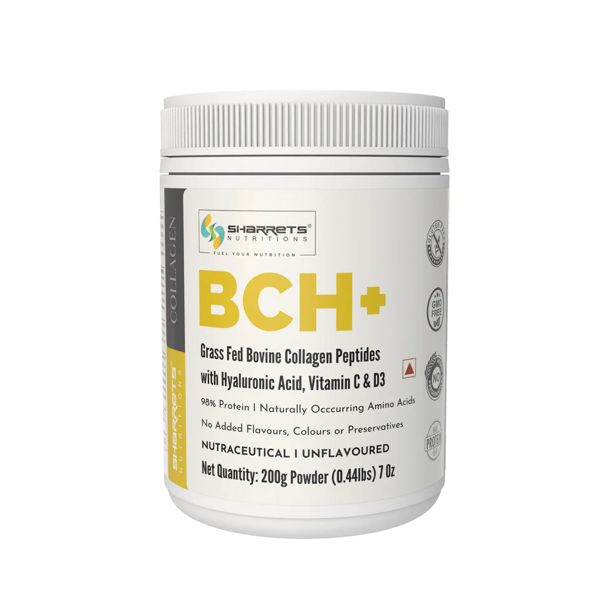 Sharrets BCH+ Grass Fed Bovine Collagen Peptides with Hyaluronic Acid, Vitamin C and D3, Unflavoured Collagen Powder 200g
