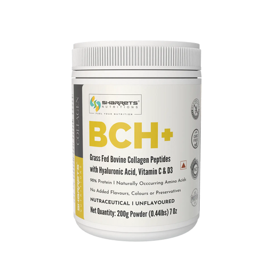 Sharrets BCH+ Grass Fed Bovine Collagen Peptides with Hyaluronic Acid, Vitamin C and D3, Unflavoured Collagen Powder 200g