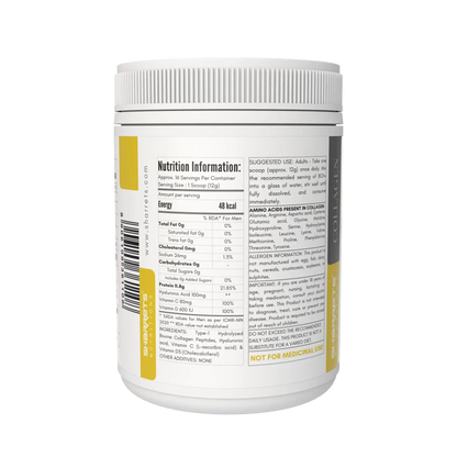 Sharrets BCH+ Grass Fed Bovine Collagen Peptides nutrition information and ingredients, with Hyaluronic Acid, Vitamin C and Vitamin D3, 12g serving size, 200g collagen powder