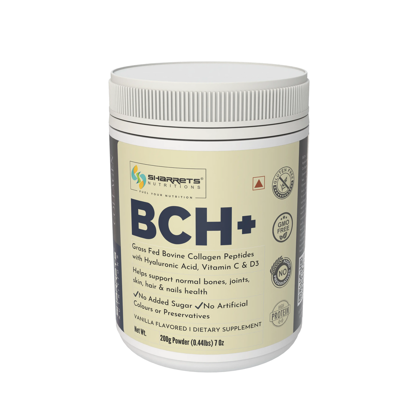 Sharrets BCH+ supplement container on a white background - Sharrets BCH+ Hydrolyzed Bovine Collagen Supplement. Enriched with Hyaluronic Acid, Vitamin C, and D3