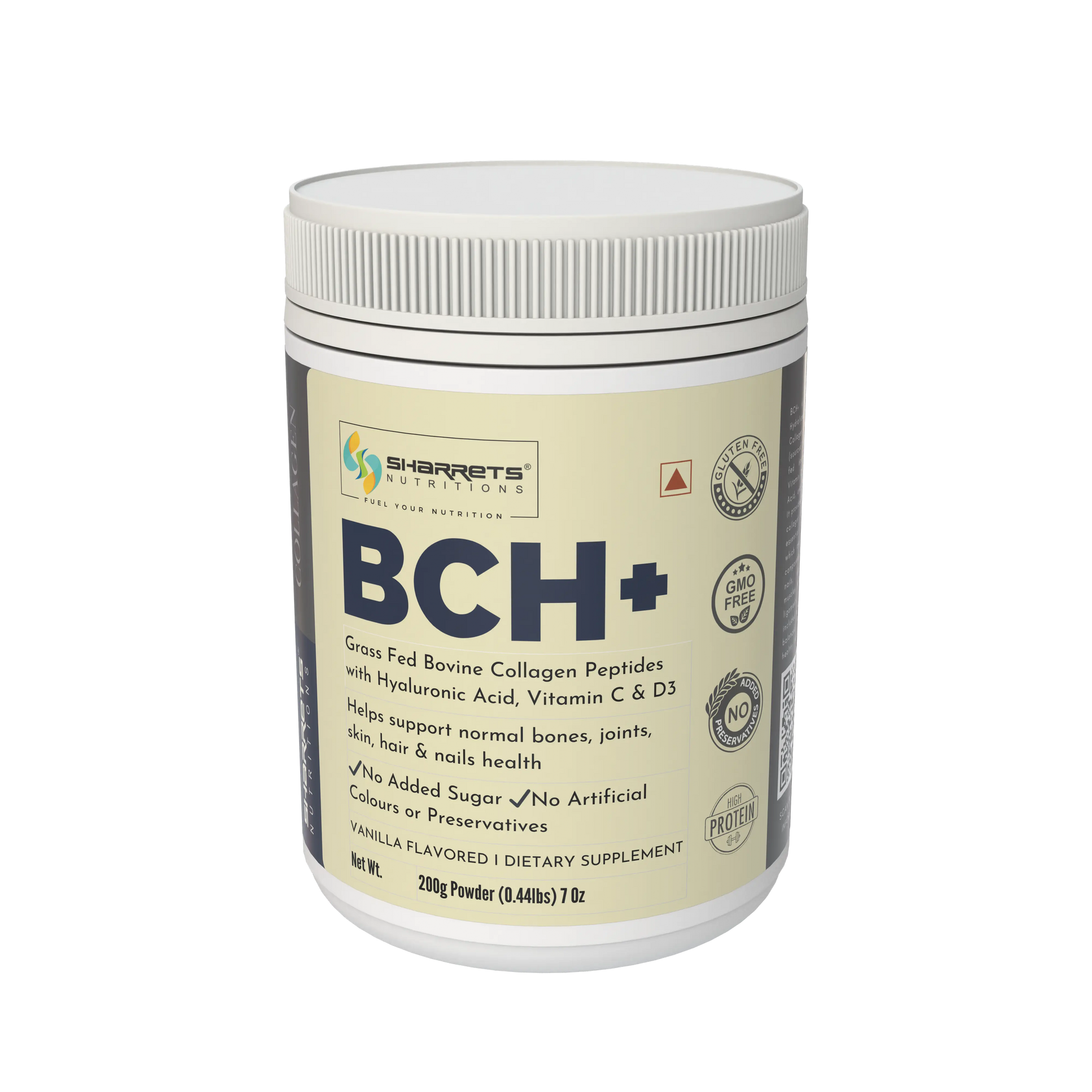 Sharrets BCH+ supplement container on a white background - Sharrets BCH+ Hydrolyzed Bovine Collagen Supplement. Enriched with Hyaluronic Acid, Vitamin C, and D3
