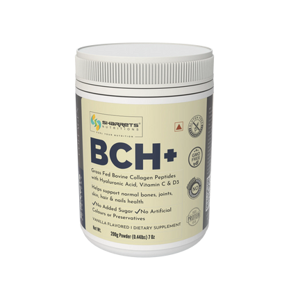 Sharrets BCH+ supplement container on a white background - Sharrets BCH+ Hydrolyzed Bovine Collagen Supplement. Enriched with Hyaluronic Acid, Vitamin C, and D3