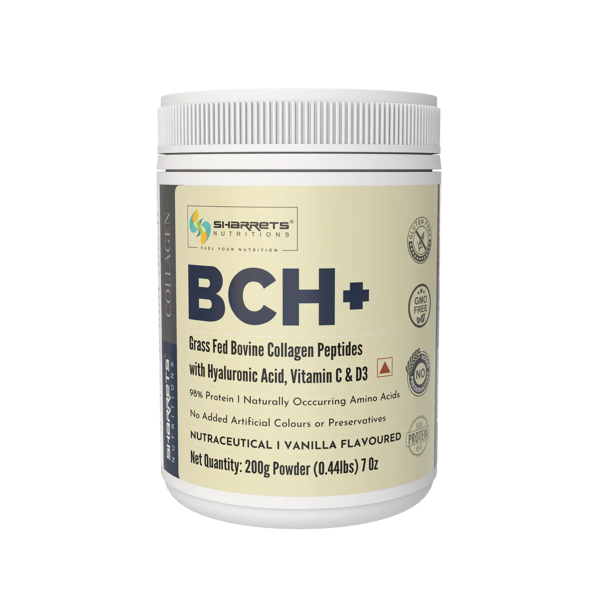 Sharrets BCH+ Grass Fed Bovine Collagen Peptides Vanilla Flavour with Hyaluronic Acid, Vitamin C and D3, 200g Collagen Powder