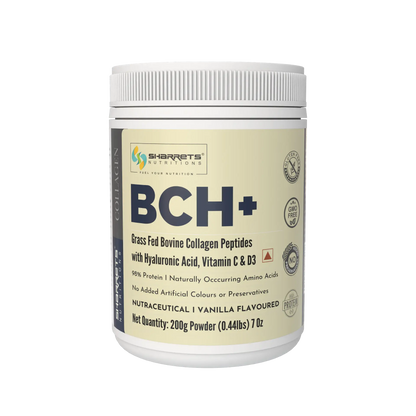 Sharrets BCH+ Grass Fed Bovine Collagen Peptides Vanilla Flavour with Hyaluronic Acid, Vitamin C and D3, 200g Collagen Powder