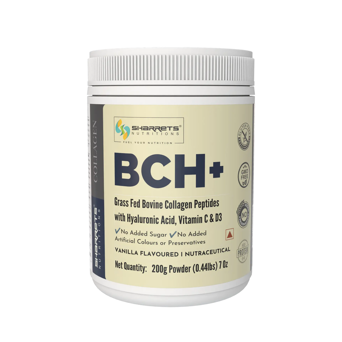 A white plastic tub of SHARRETS NUTRITIONS BCH+ Grass Fed Bovine Collagen Peptides vanilla flavoured powder, 200g, on a solid white background.