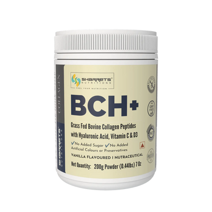 A white plastic tub of SHARRETS NUTRITIONS BCH+ Grass Fed Bovine Collagen Peptides vanilla flavoured powder, 200g, on a solid white background.