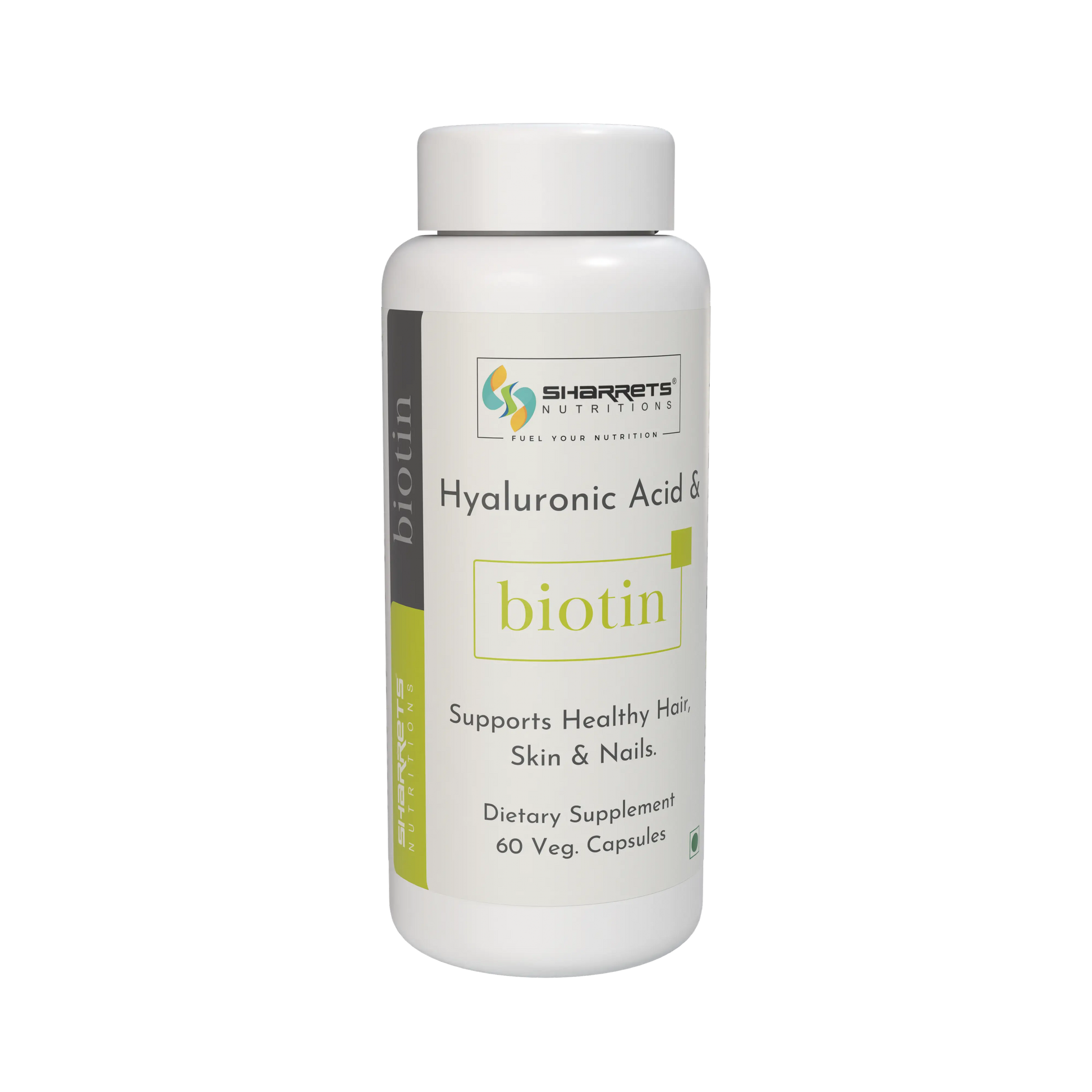 Supplement bottle labeled 'Hyaluronic Acid & Biotin' by Sharrets Nutritions on a white background