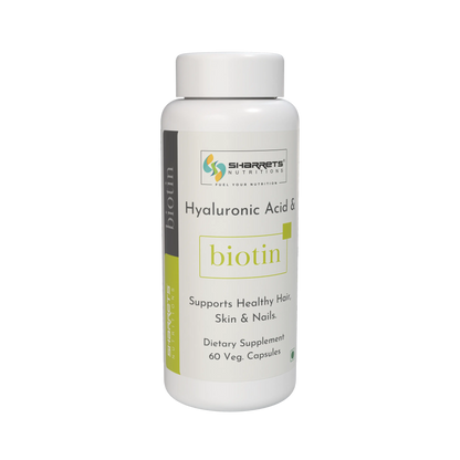 Supplement bottle labeled 'Hyaluronic Acid & Biotin' by Sharrets Nutritions on a white background