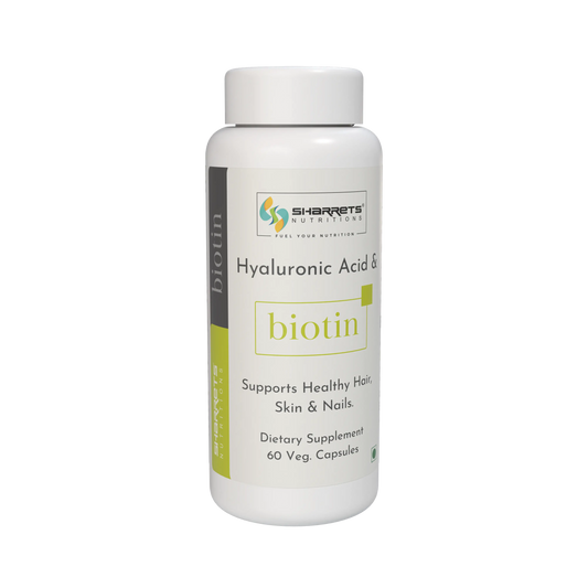 Supplement bottle labeled 'Hyaluronic Acid & Biotin' by Sharrets Nutritions on a white background
