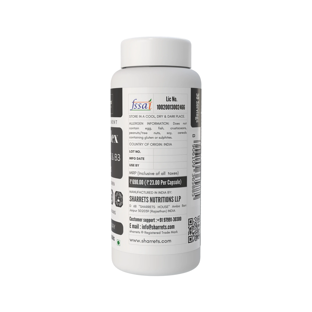 sharrets nutritions  b complex capsules right panel on white bottle showing fssai number and mfg. date 