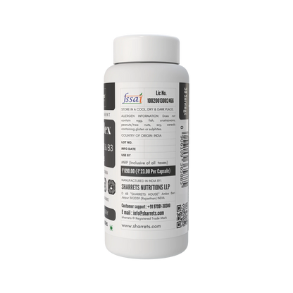 sharrets nutritions  b complex capsules right panel on white bottle showing fssai number and mfg. date 