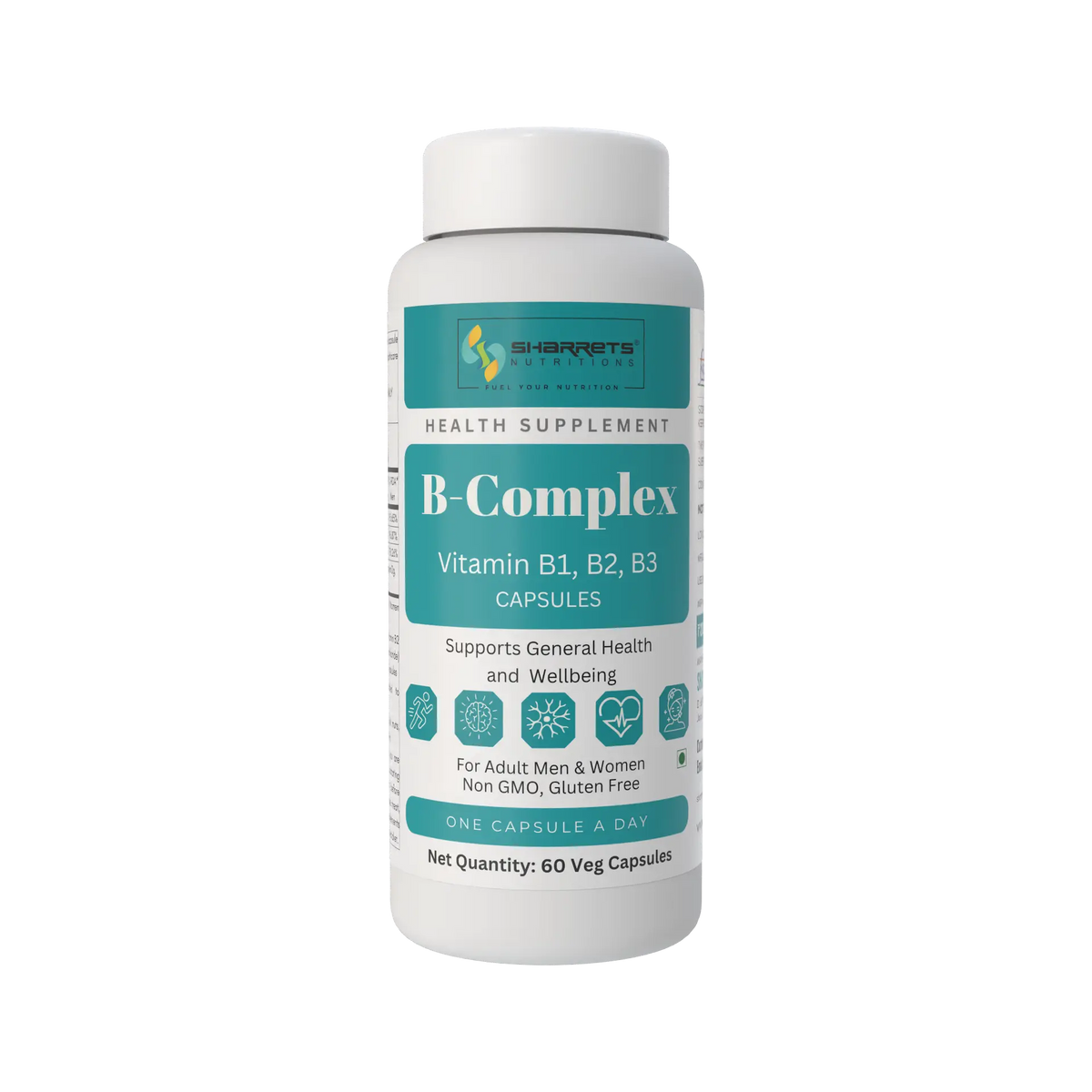 Sharrets B-Complex Vitamin B1 B2 B3 Capsules for Energy & Nerve Support- 60 veg capsules