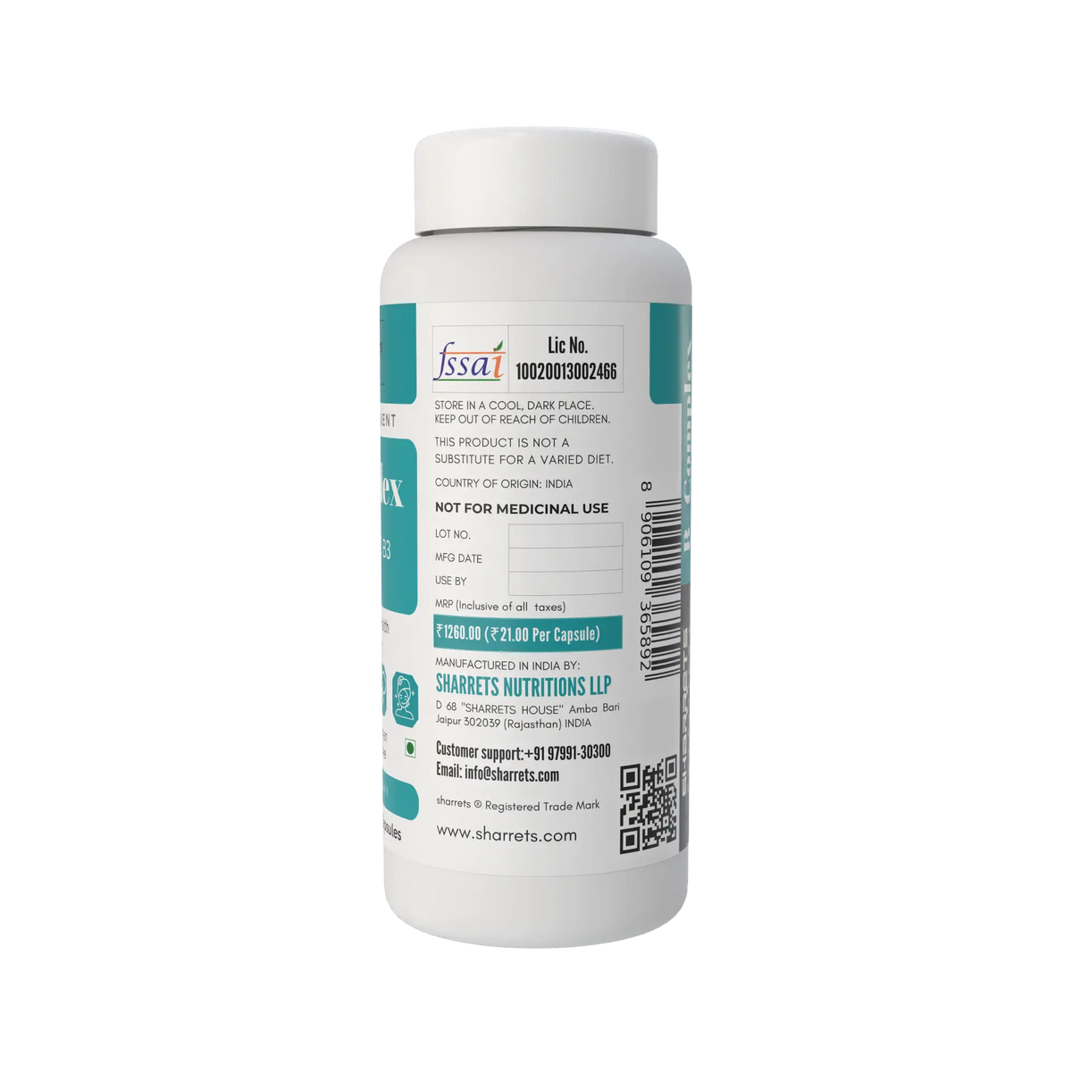 A white plastic bottle of Sharrets  Nutritions b complex capsules, shown from the back with a white cap, featuring a white label with teal and black text and details.