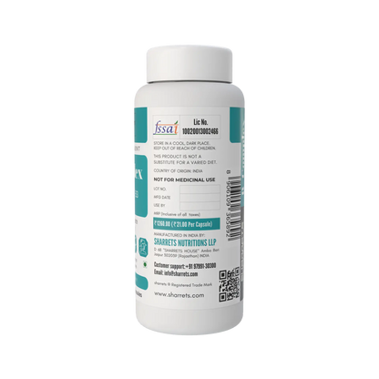 A white plastic bottle of Sharrets  Nutritions b complex capsules, shown from the back with a white cap, featuring a white label with teal and black text and details.