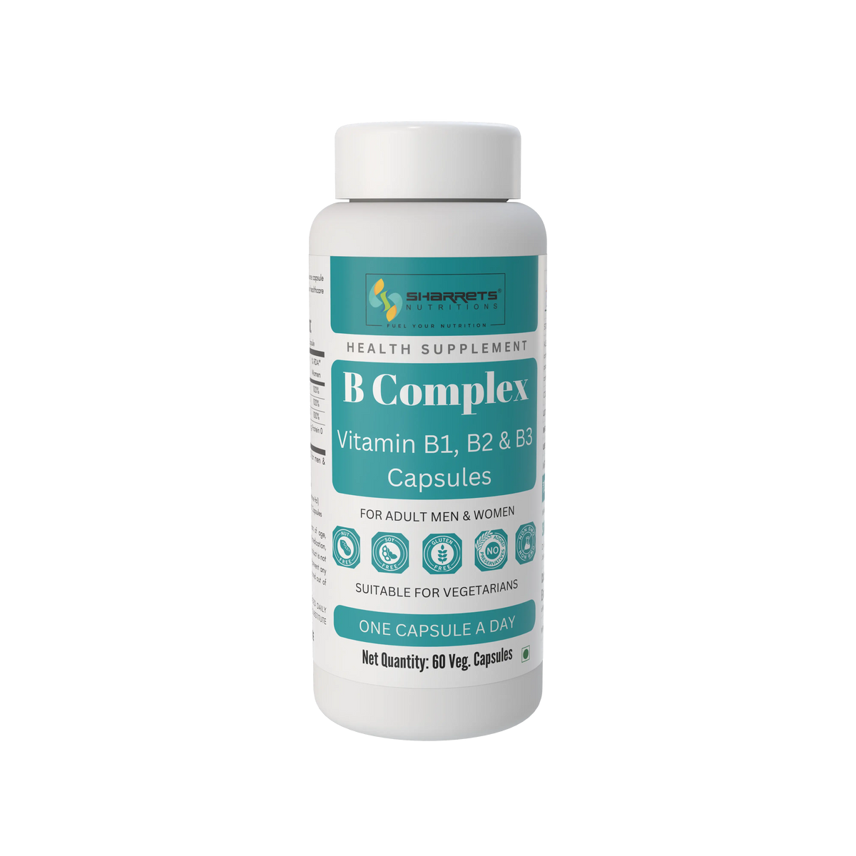 Sharrets nutritions B complex capsules with Vitamin B1, B2 & B3 - 60 veg Capsules